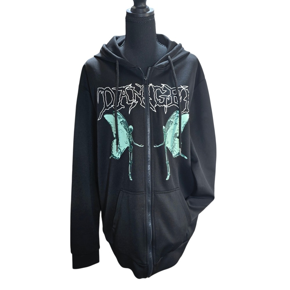 SHEIN Zip Hoodie XL Black Polyester Graphic Skeleton Fairy Grunge Y2K Edgy